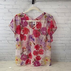 CAbi Multi-Color Floral V-Neck Sheer Blouse